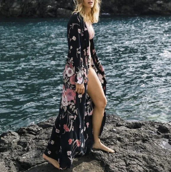 Billabong Desi Kimono Maxi Dress V Neck Button Front Floral Print Black Med NWT - Picture 16 of 16